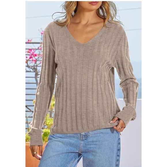 MEROKEETY Women's V Neck Sweater Long Sleeve Ribbed Knit Casual Slim Fit size S - Picture 1 of 13